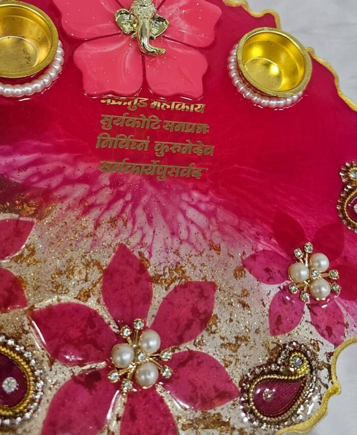 Resin Ganesh pooja thali in peach with diya holders
