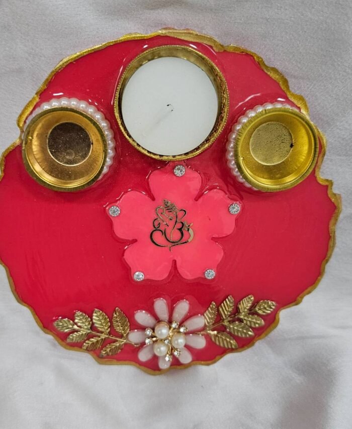 Maroon resin pooja thali with Ganesh idol and shloka