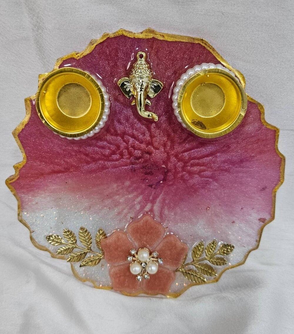 Handmade Resin Pooja Thali with Ganesha Idol and Pink Floral Design