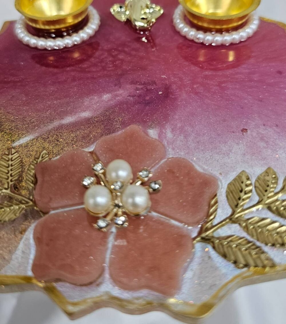 Dual Diya Holder Resin Pooja Thali with Pearl Work
