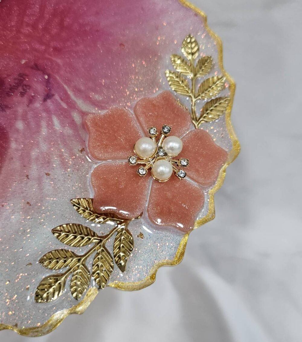 Pink Resin Pooja Plate with Golden Ganesha