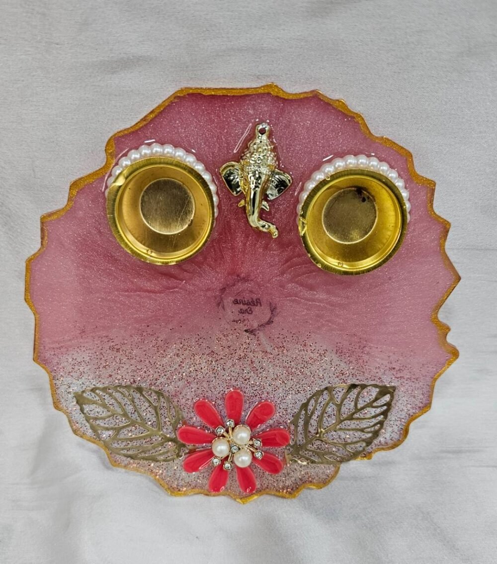 Light Pink Resin Pooja Thali with Ganesha Idol