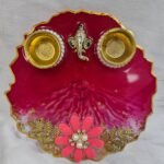 Dark Pink Resin Pooja Thali with Ganesha Idol and Diyas