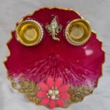Dark Pink Resin Pooja Thali with Ganesha Idol and Diyas