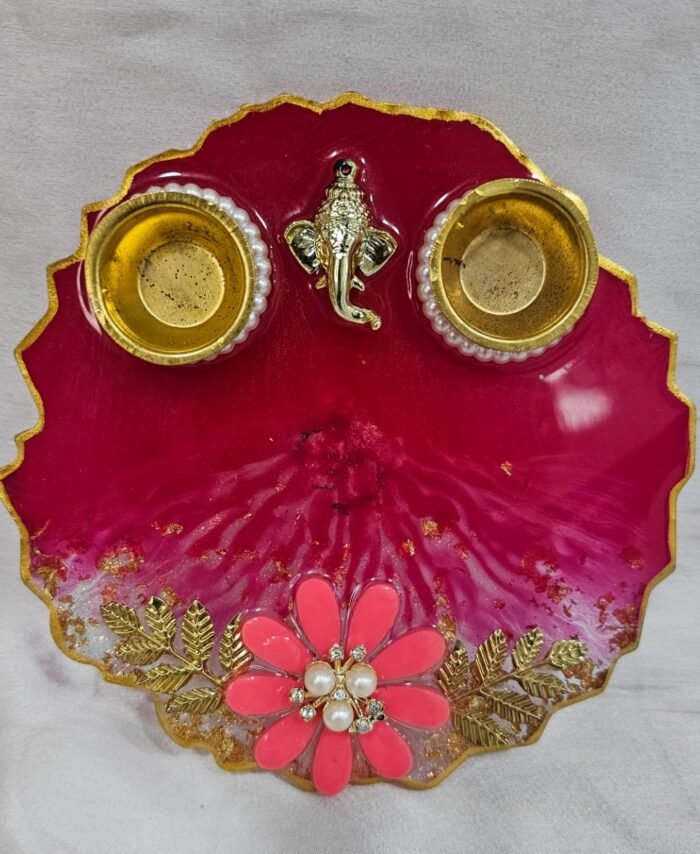 Dark Pink Resin Pooja Thali with Ganesha Idol and Diyas