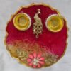 Handmade Red Resin Pooja Thali with Golden Peacock and Diyas
