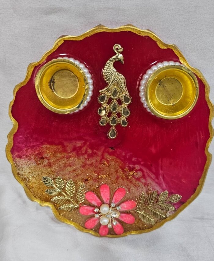 Handmade Red Resin Pooja Thali with Golden Peacock and Diyas