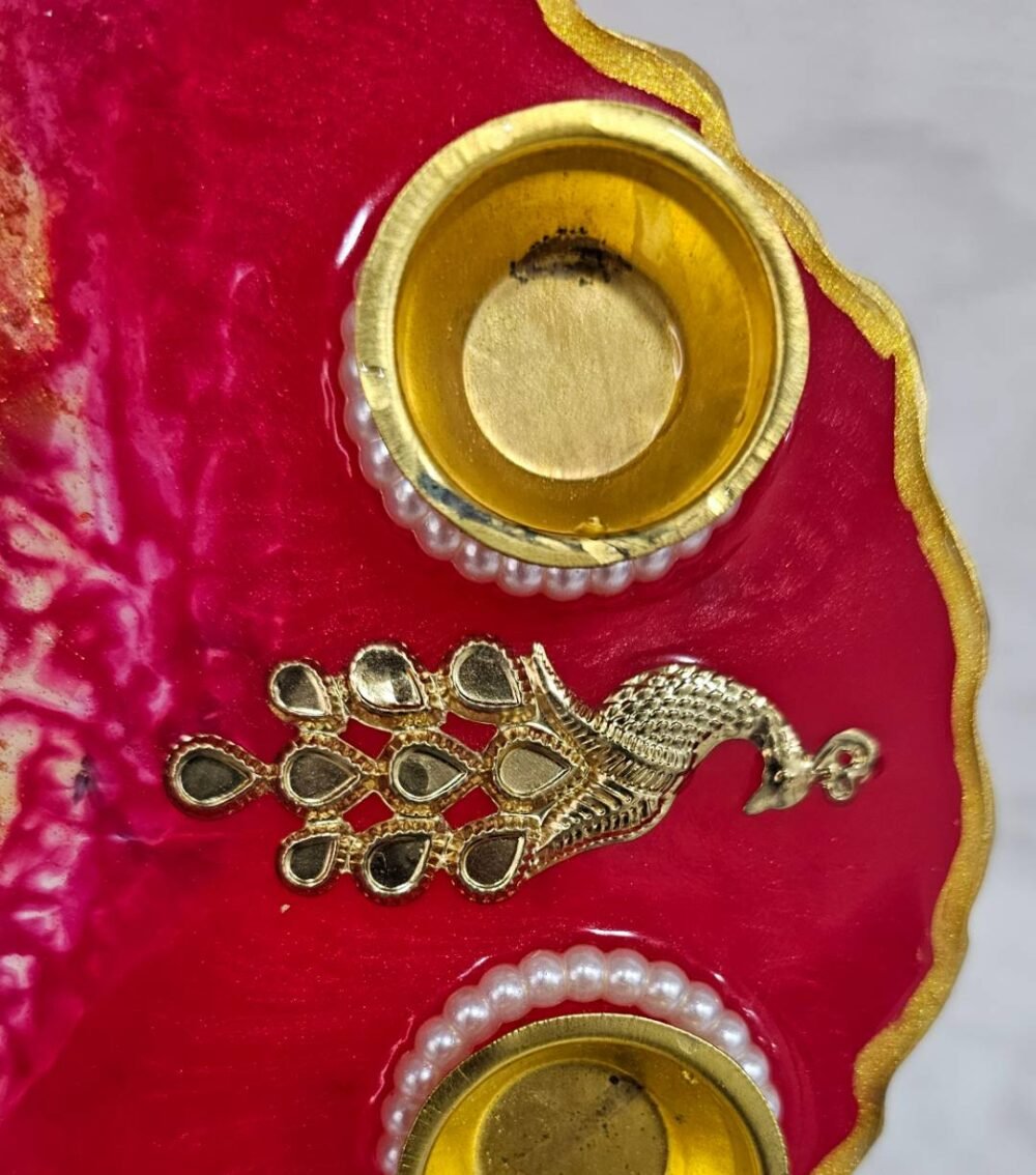 Red Resin Thali with Peacock Centerpiece and Dual Diyas