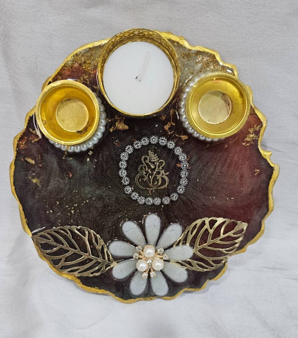 Brown Resin Pooja Thali with Ganesha Motif and Dual Diyas