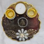 Brown Resin Pooja Thali with Ganesha Motif and Dual Diyas