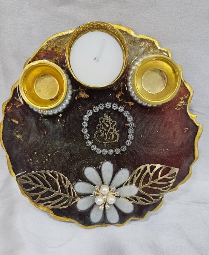 Brown Resin Pooja Thali with Ganesha Motif and Dual Diyas