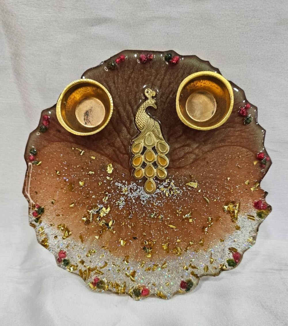 Brown Resin Pooja Thali with Golden Peacock Centerpiece