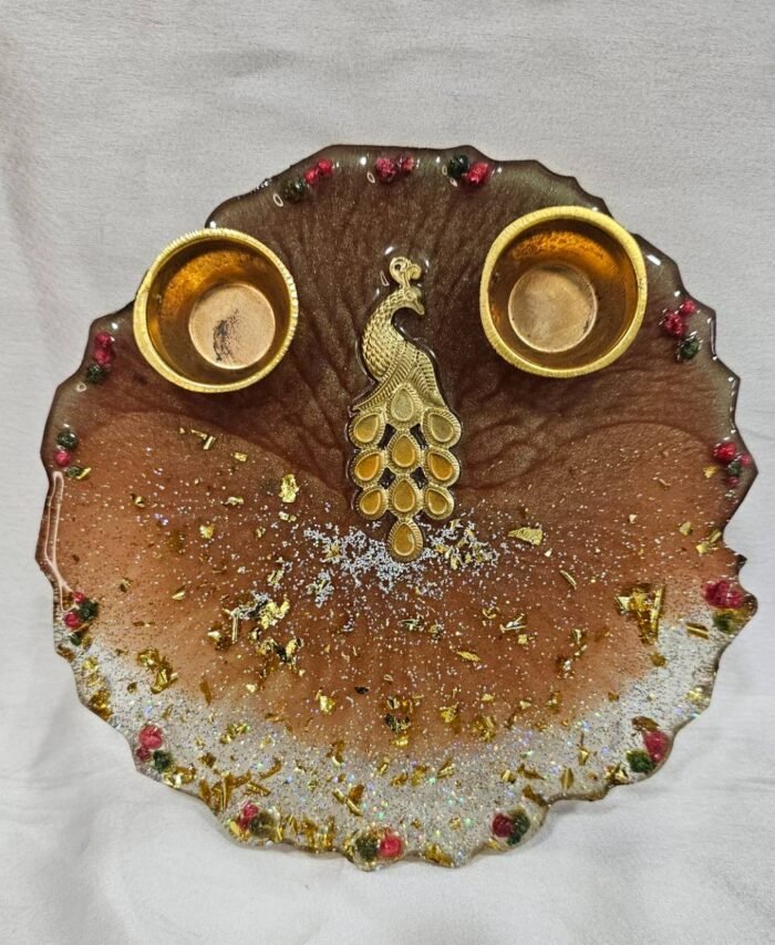 Brown Resin Pooja Thali with Golden Peacock Centerpiece