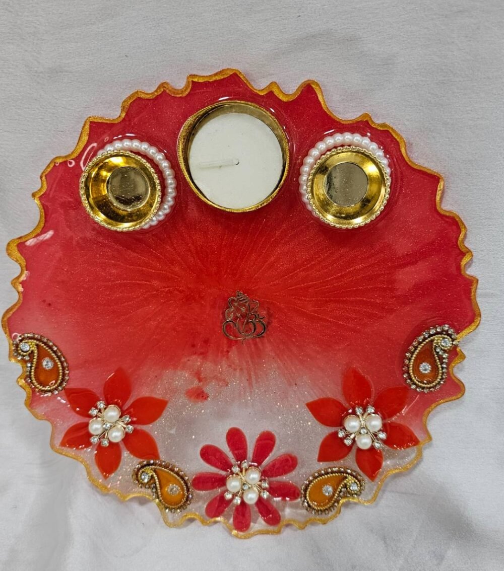 Handmade red pooja thali with floral and paisley design