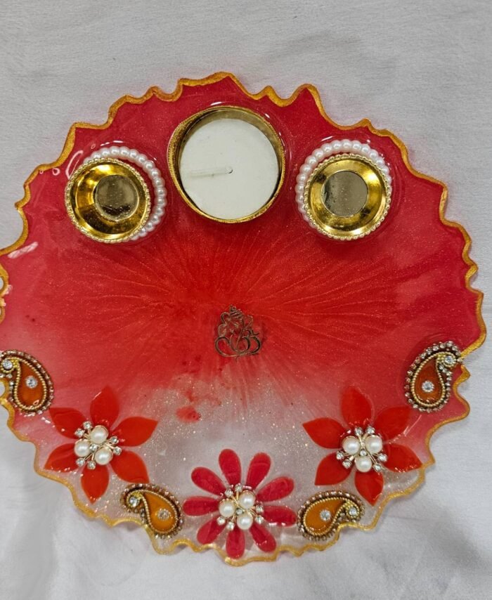 Handmade red pooja thali with floral and paisley design