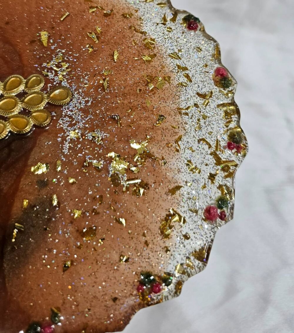 Brown-Golden Resin Plate with Glitter Embellishments