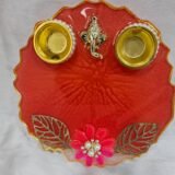 Bright Red Resin Pooja Thali with Golden Ganesha Idol