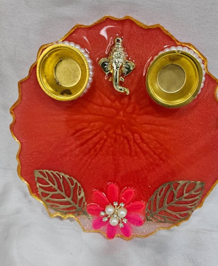 Bright Red Resin Pooja Thali with Golden Ganesha Idol