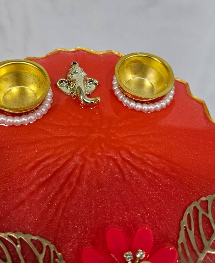 Handmade Resin Plate with Floral Decoration and Diyas