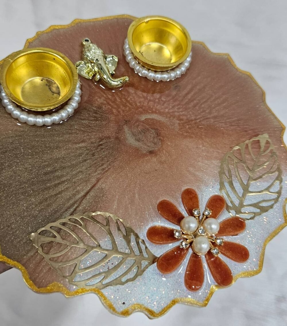 Handmade decorative pooja plate with floral and pearl design