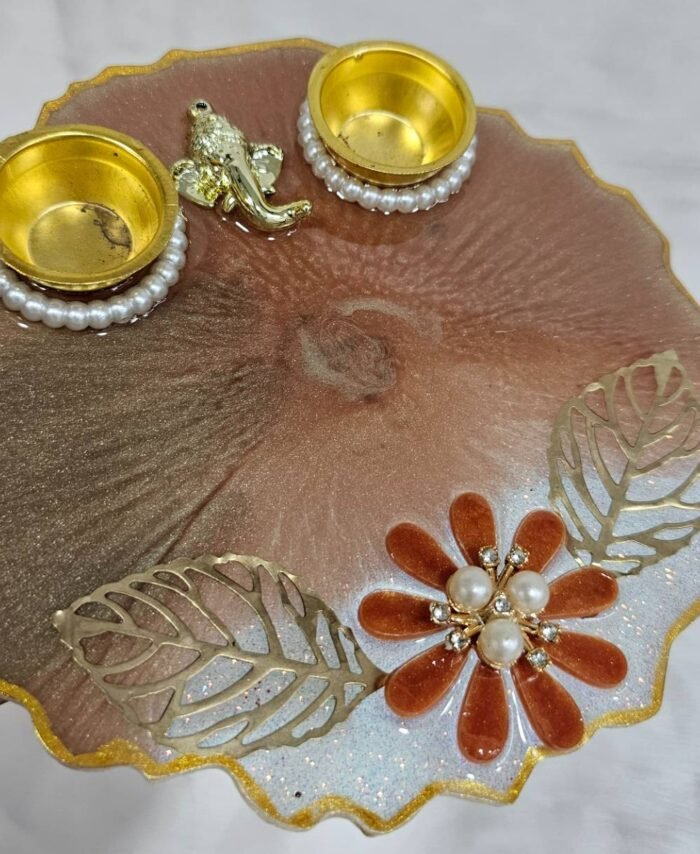 Handmade decorative pooja plate with floral and pearl design