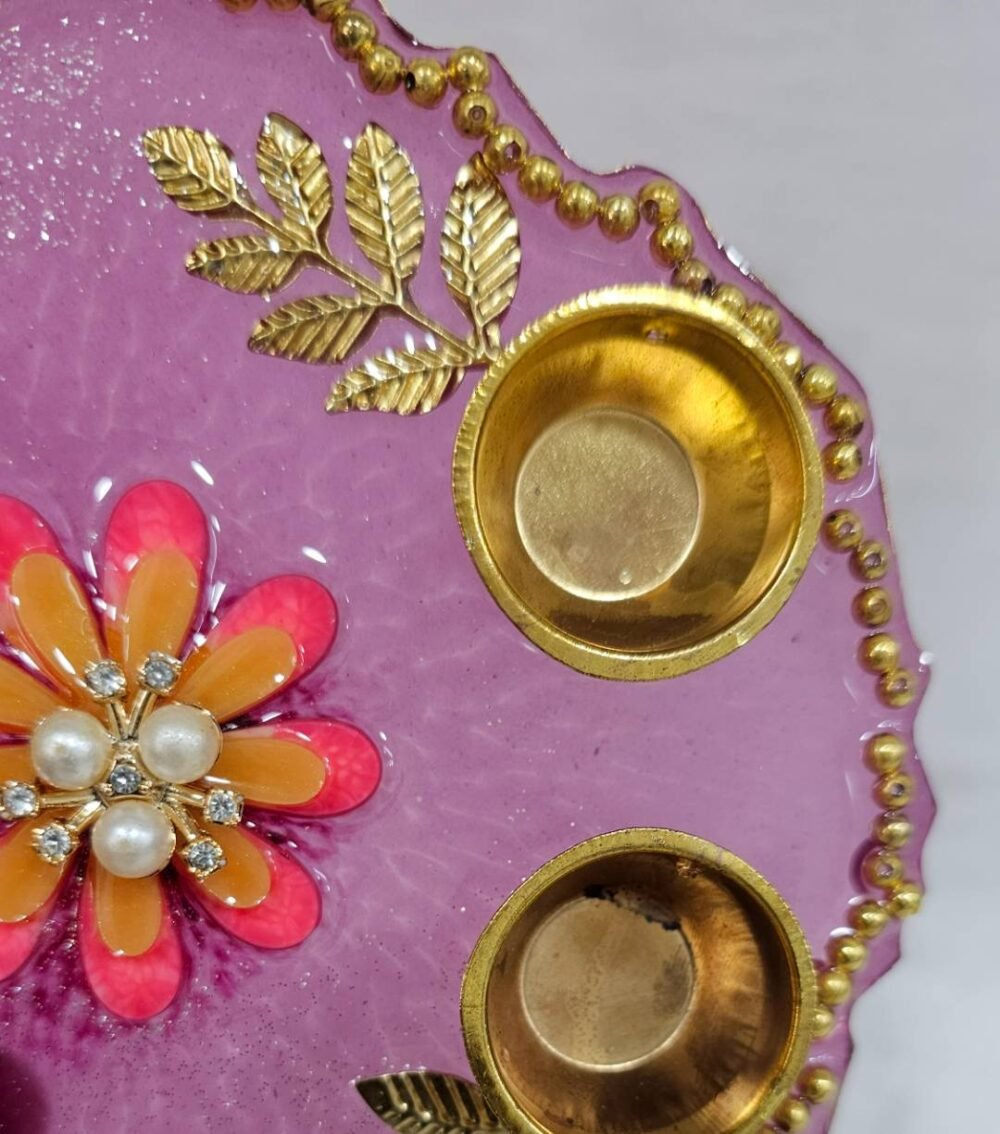 Handmade decorative purple pooja plate with diya holders