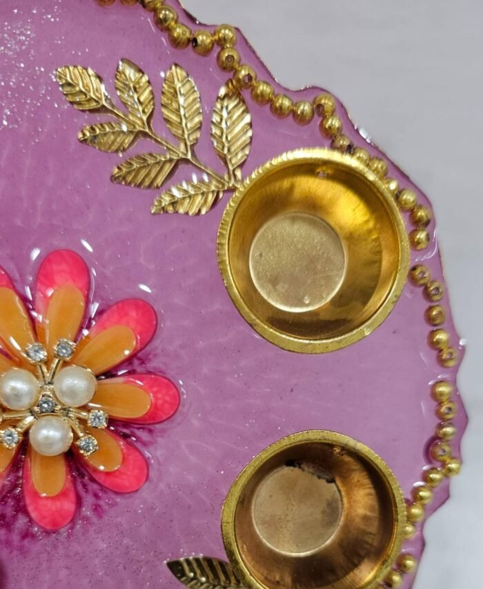Handmade decorative purple pooja plate with diya holders