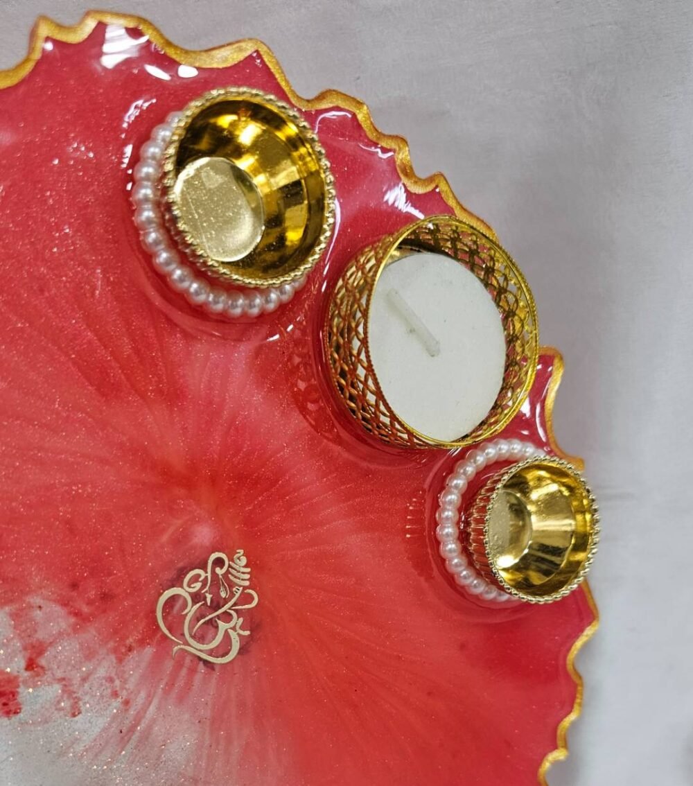 Red resin pooja plate with diya holders for festivals