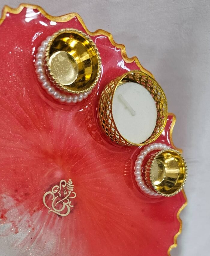 Red resin pooja plate with diya holders for festivals