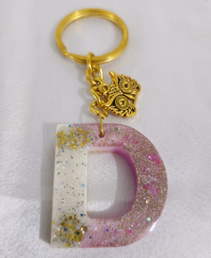 Handmade resin keyring Letter D with Glitter