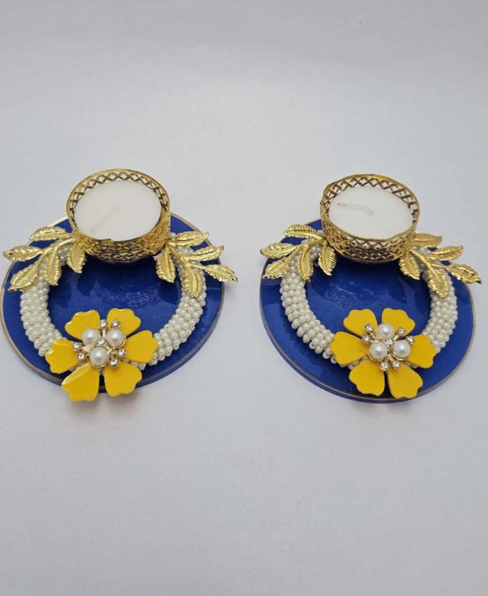 Blue Round Tealight Diya with Pearl and Flower Decoration & Golden Leaf Design