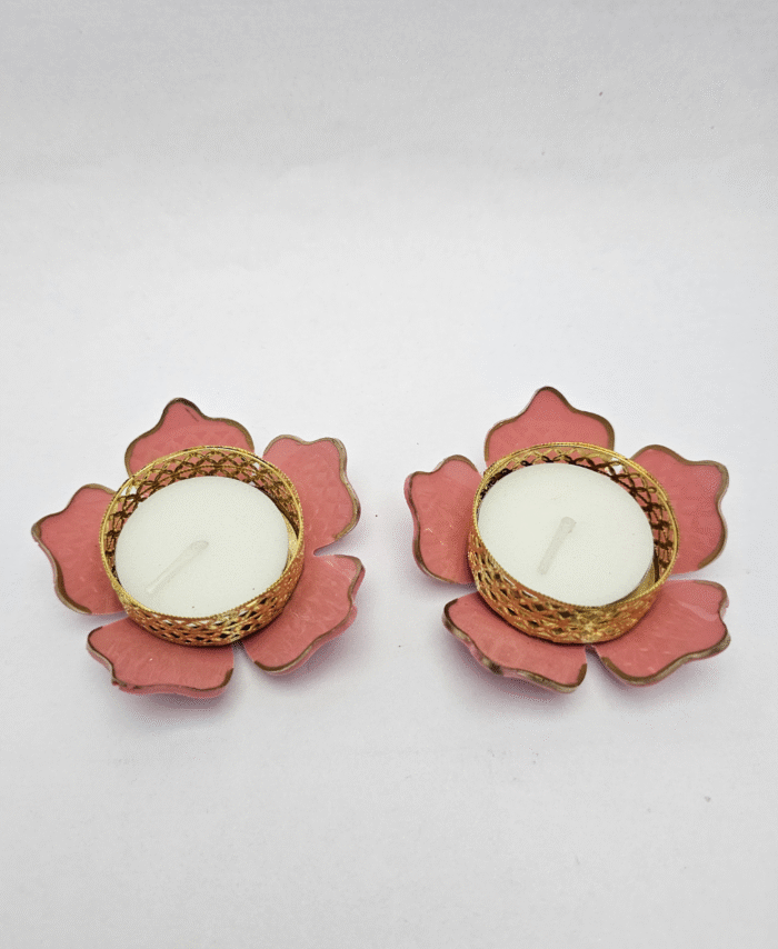Yellow Lotus Shaped Decorative Tealight Diya with Golden Metal Holder