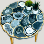 Handmade geode resin table with black, white, and gold agate-inspired