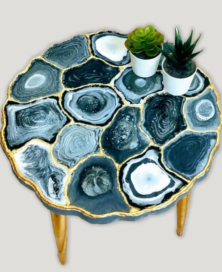 Handmade geode resin table with black, white, and gold agate-inspired
