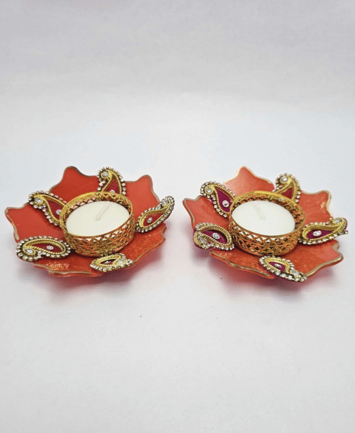 Handmade Decorative Diya Set of 2 – Paisley & Floral Tealight Holders