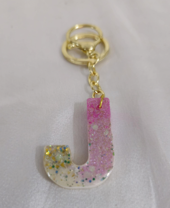 Resin Glitter Keyring Letter J with Lobster Clasp