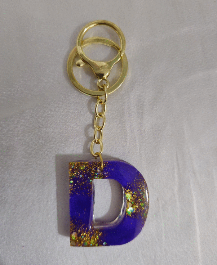 Handmade resin keyring Letter D with Glitter