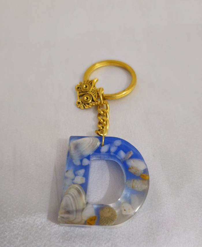 Handmade resin keyring Letter D with Pebble