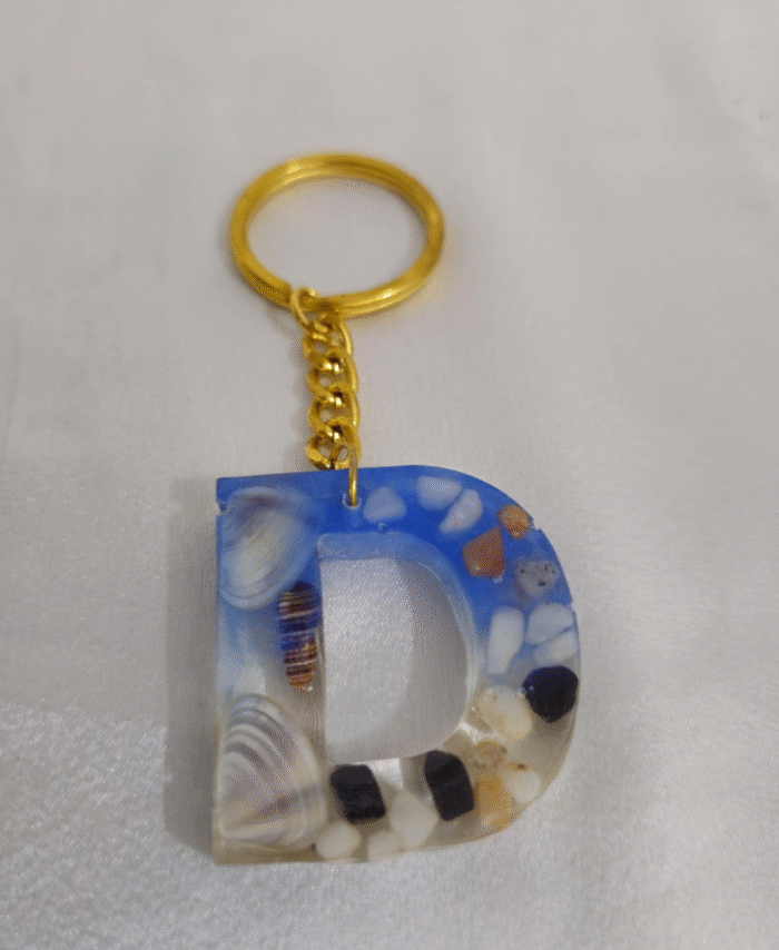 Handmade resin keyring Letter D with pebble Style