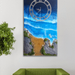 Handmade resin wall clock with ocean wave design, sandy beach, rocks, and starfish – epoxy art coastal wall décor