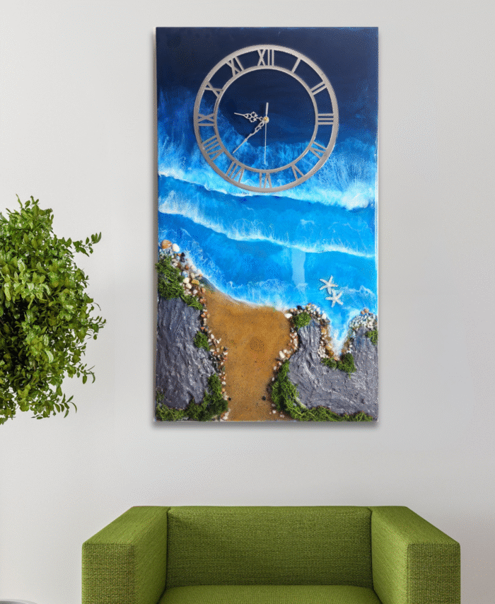 Handmade resin wall clock with ocean wave design, sandy beach, rocks, and starfish – epoxy art coastal wall décor