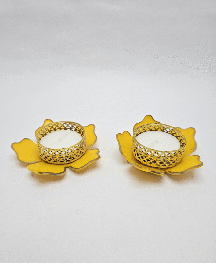 Yellow Lotus Shaped Decorative Tealight Diya with Golden Metal Holder