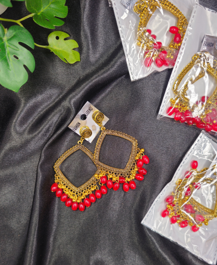 Golden Square Red Jhumka Bezel