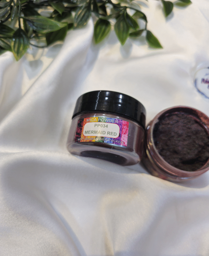 Mermaid Red Pearl Mica Powder Pigment jar for resin art, epoxy, soap and candle making—vibrant metallic red pigment