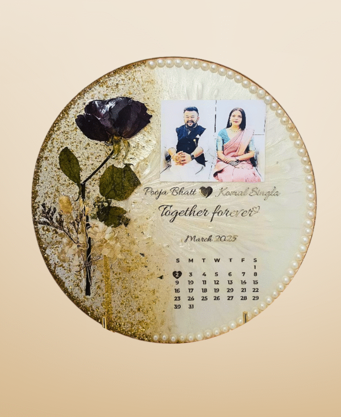 Custom resin calendar frame with preserved flowers and personalized photo – unique anniversary or wedding keepsake