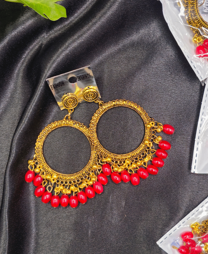 Golden Round Red Jhumka Bezel