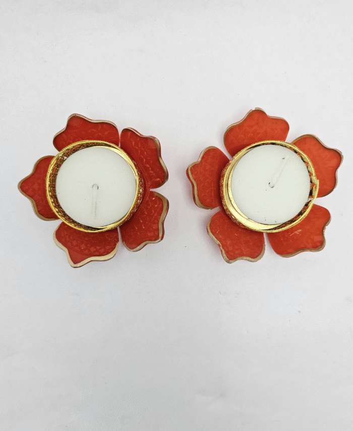 Yellow Lotus Shaped Decorative Tealight Diya with Golden Metal Holder