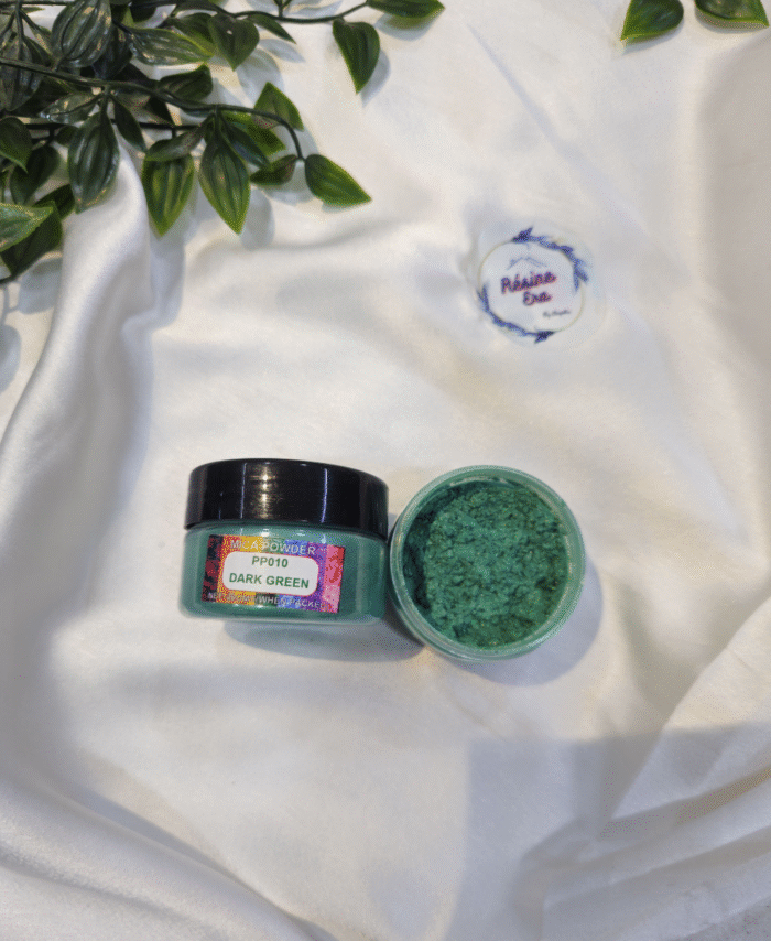 Dark Green Pearl Mica Powder Pigment jar for resin art, epoxy, soap and candle making—vibrant metallic Dark Green pigment