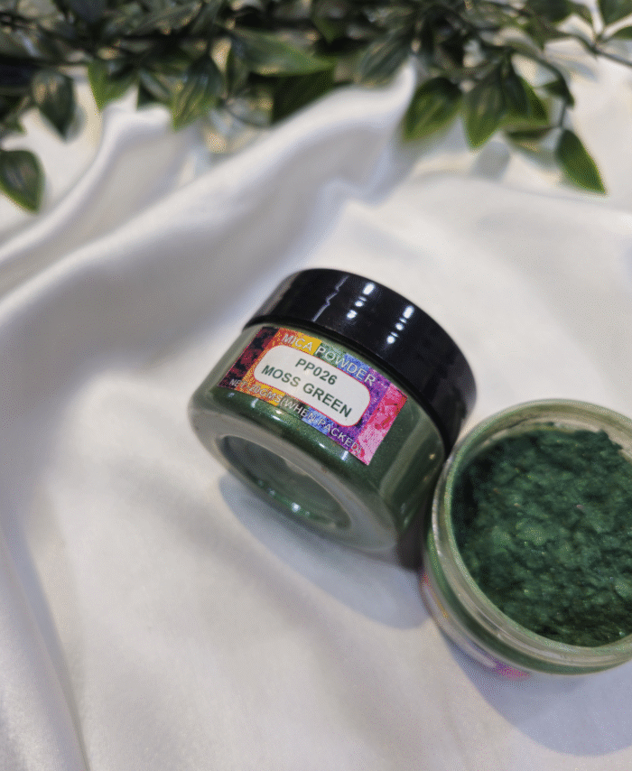 Moss Green Pearl Mica Powder Pigment jar for resin art, epoxy, soap and candle making—vibrant metallic Moss Green pigment