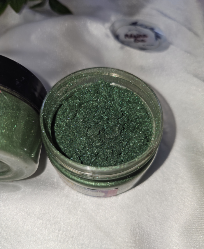 Moss Green Pearl Mica Powder Pigment jar for resin art, epoxy, soap and candle making—vibrant metallic Moss Green pigment